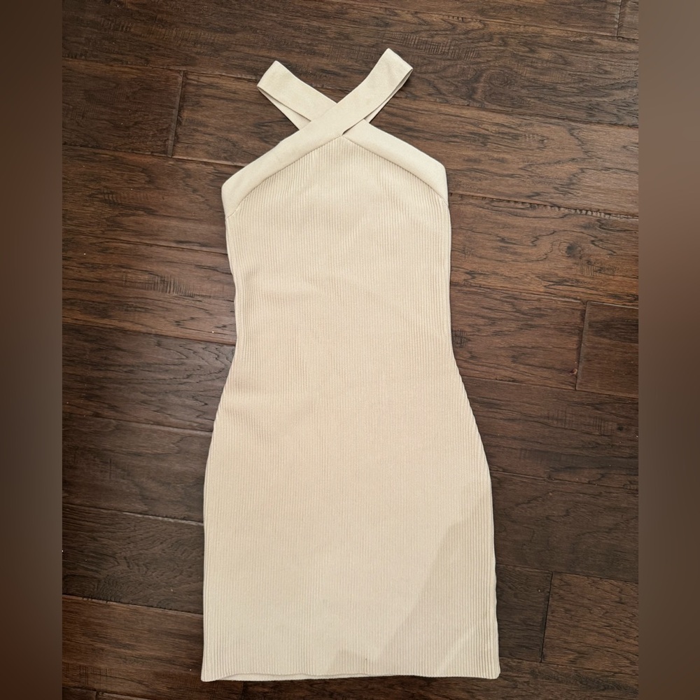 Babaton Tan Sculpt Knit Criss Cross Mini Dress